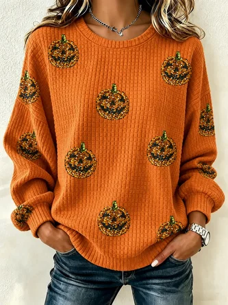 Casual Crew Neck Halloween Sweatshirt Printing