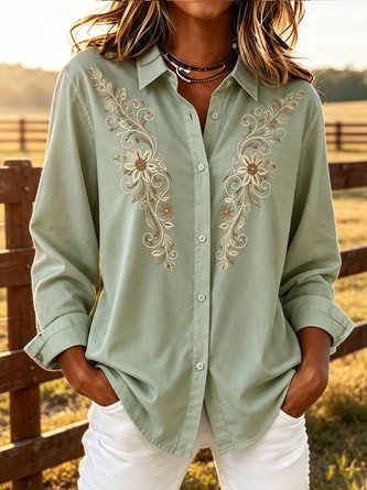 Shawl Collar Long Sleeve Floral Lightweight Regular Fit Shirt For Women