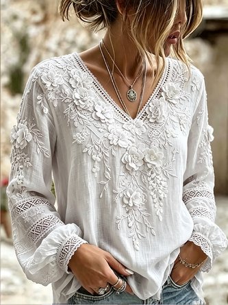 V Neck Long Sleeve Floral Printing Lightweight Micro-Elasticity Regular Fit Blouse For Women