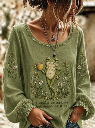 Crew Neck Long Sleeve Floral Lightweight Micro-Elasticity Loose Blouse For Women - Image 2