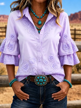 Shirt Collar Half Sleeve Star Printing Regular Micro-Elasticity Regular Fit Shirt For Women - Image 3