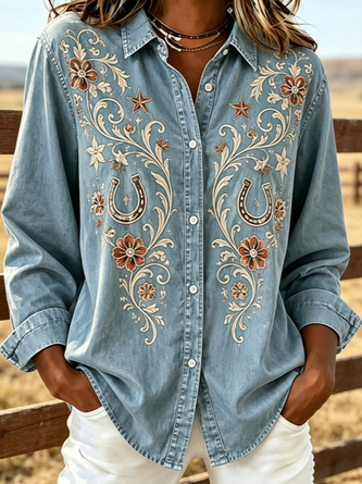 Shawl Collar Long Sleeve Floral Lightweight Regular Fit Shirt For Women - Image 2