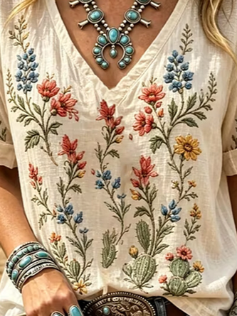 Casual Floral V Neck Short Sleeve T-shirt 3 Casual Floral V Neck Short Sleeve T-shirt - Image 3
