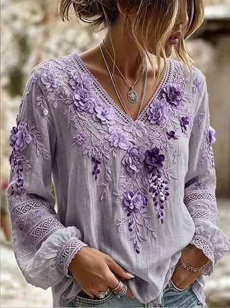 V Neck Long Sleeve Floral Printing Lightweight Micro-Elasticity Regular Fit Blouse For Women - Image 3