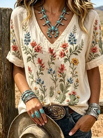 Casual Floral V Neck Short Sleeve T-shirt 2 Casual Floral V Neck Short Sleeve T-shirt - Image 2