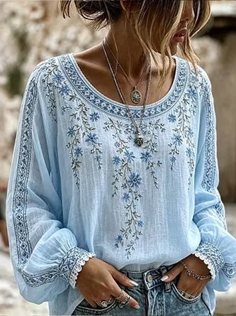 Crew Neck Long Sleeve Floral Lightweight Micro-Elasticity Loose Blouse For Women - Image 4