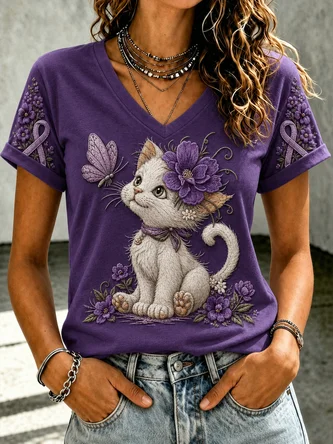 Vintage Geometric V Neck Short Sleeve T-shirt