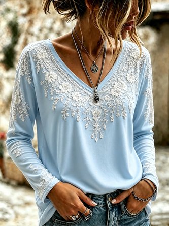 Casual Floral V Neck Long Sleeve T-shirt - Image 2