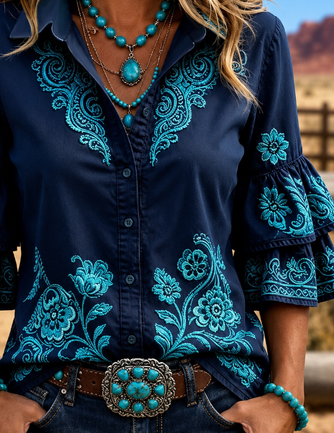 Shirt Collar Half Sleeve Floral Pattern Printing Regular Micro-Elasticity Regular Fit Shirt For Women - Image 2