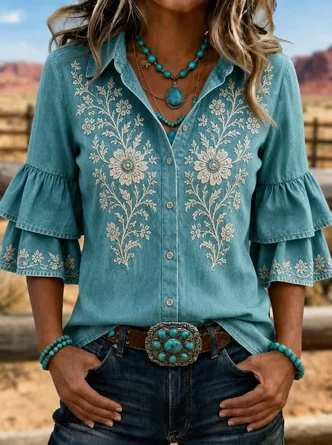Shirt Collar Half Sleeve Floral Pattern Printing Regular Micro-Elasticity Regular Fit Shirt For Women