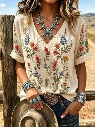 Casual Floral V Neck Short Sleeve T-shirt 1 Casual Floral V Neck Short Sleeve T-shirt
