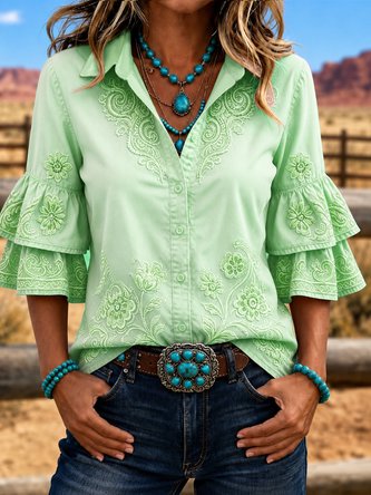 Shirt Collar Half Sleeve Star Printing Regular Micro-Elasticity Regular Fit Shirt For Women - Image 4