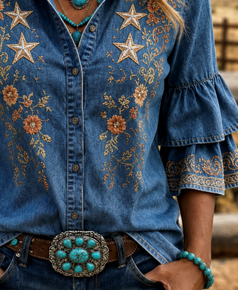 Shirt Collar Half Sleeve Star Printing Regular Micro-Elasticity Regular Fit Shirt For Women - Image 3