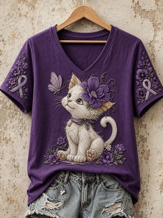 Vintage Geometric V Neck Short Sleeve T-shirt - Image 2