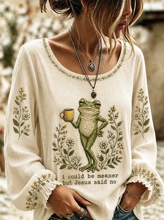 Crew Neck Long Sleeve Floral Lightweight Micro-Elasticity Loose Blouse For Women