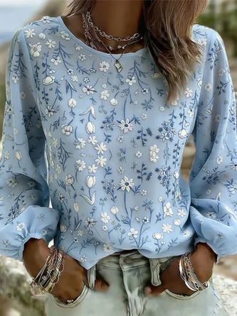 Crew Neck Long Sleeve Floral Printing Lightweight Micro-Elasticity Loose Blouse For Women