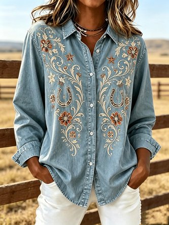Shawl Collar Long Sleeve Floral Lightweight Regular Fit Shirt For Women