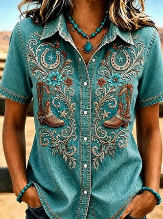 Shawl Collar Short Sleeve Floral Regular Micro-Elasticity Regular Fit Shirt For Women - Image 2