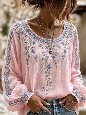 Crew Neck Long Sleeve Floral Lightweight Micro-Elasticity Loose Blouse For Women - Image 2