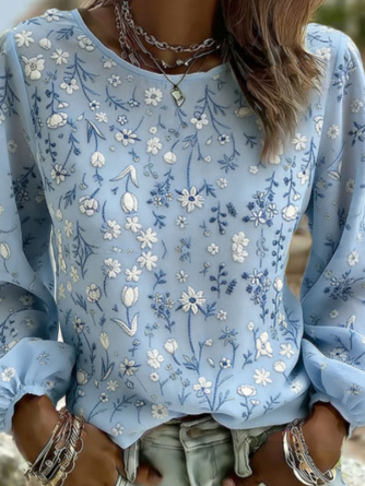 Crew Neck Long Sleeve Floral Printing Lightweight Micro-Elasticity Loose Blouse For Women - Image 2