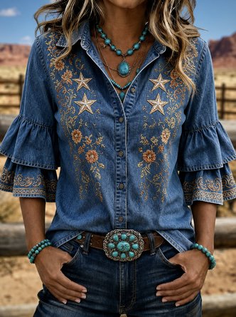 Shirt Collar Half Sleeve Star Printing Regular Micro-Elasticity Regular Fit Shirt For Women