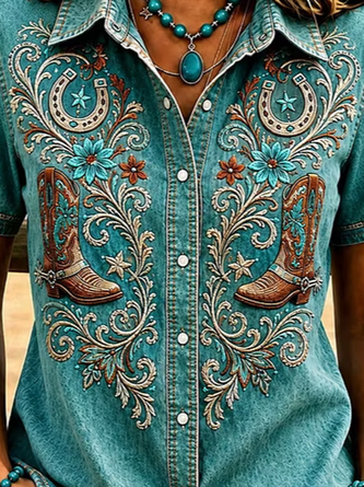 Shawl Collar Short Sleeve Floral Regular Micro-Elasticity Regular Fit Shirt For Women - Image 3