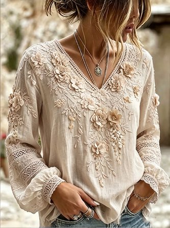 V Neck Long Sleeve Floral Printing Lightweight Micro-Elasticity Regular Fit Blouse For Women - Image 4