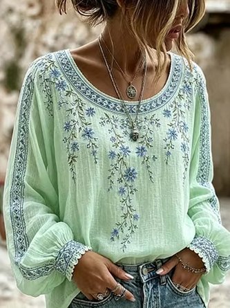 Crew Neck Long Sleeve Floral Lightweight Micro-Elasticity Loose Blouse For Women - Image 3