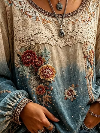 Crew Neck Long Sleeve Floral Lightweight Micro-Elasticity Loose Blouse For Women - Image 3