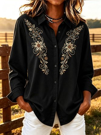 Shawl Collar Long Sleeve Floral Lightweight Regular Fit Shirt For Women - Image 3