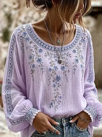 Crew Neck Long Sleeve Floral Lightweight Micro-Elasticity Loose Blouse For Women - Image 5