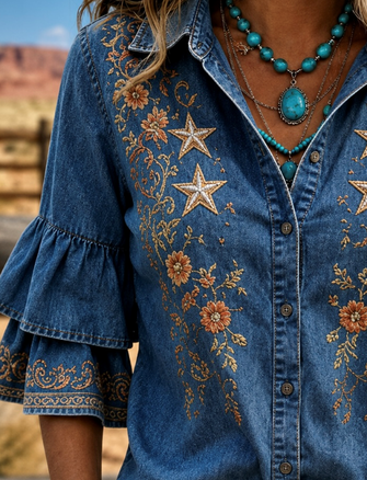Shirt Collar Half Sleeve Star Printing Regular Micro-Elasticity Regular Fit Shirt For Women - Image 2