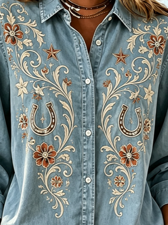 Shawl Collar Long Sleeve Floral Lightweight Regular Fit Shirt For Women - Image 3
