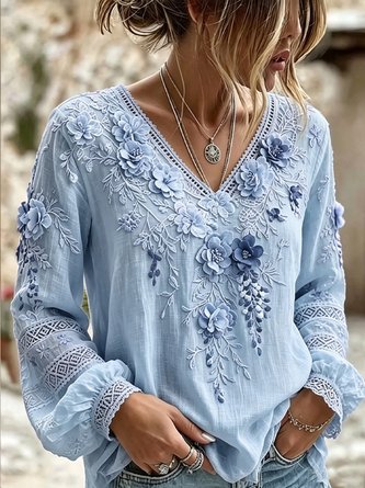 V Neck Long Sleeve Floral Printing Lightweight Micro-Elasticity Regular Fit Blouse For Women - Image 5