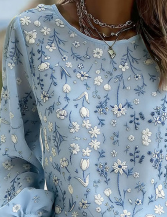 Crew Neck Long Sleeve Floral Printing Lightweight Micro-Elasticity Loose Blouse For Women - Image 3