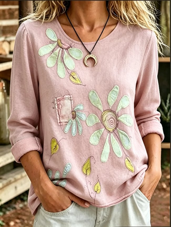Casual Floral Crew Neck Long Sleeve T-shirt - Image 3