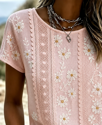Casual Floral Crew Neck Short Sleeve T-shirt - Image 2