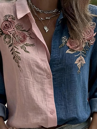 Shawl Collar Long Sleeve Floral Lightweight Regular Fit Shirt For Women - Image 3