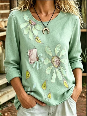 Casual Floral Crew Neck Long Sleeve T-shirt - Image 6