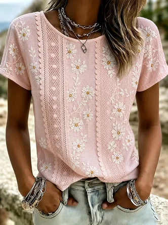 Casual Floral Crew Neck Short Sleeve T-shirt