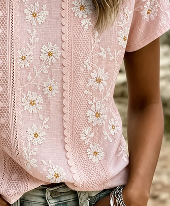 Casual Floral Crew Neck Short Sleeve T-shirt - Image 3