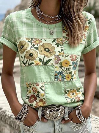 Casual Floral Crew Neck Short Sleeve T-shirt - Image 3