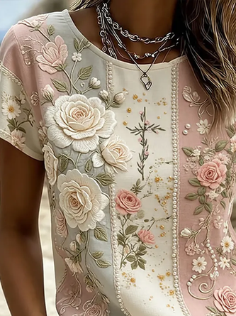 Casual Floral Crew Neck Short Sleeve T-shirt - Image 2
