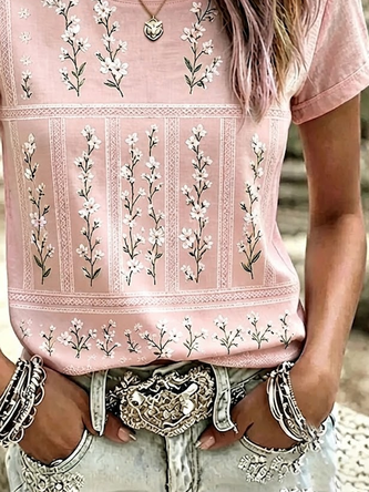 Casual Floral Crew Neck Short Sleeve T-shirt - Image 3