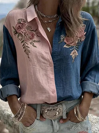 Shawl Collar Long Sleeve Floral Lightweight Regular Fit Shirt For Women