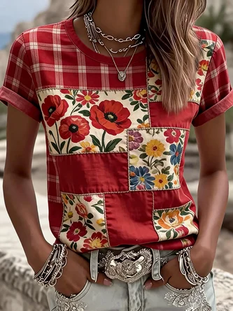 Casual Floral Crew Neck Short Sleeve T-shirt