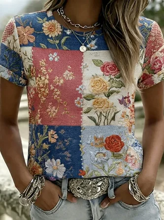 Casual Floral Crew Neck Short Sleeve T-shirt