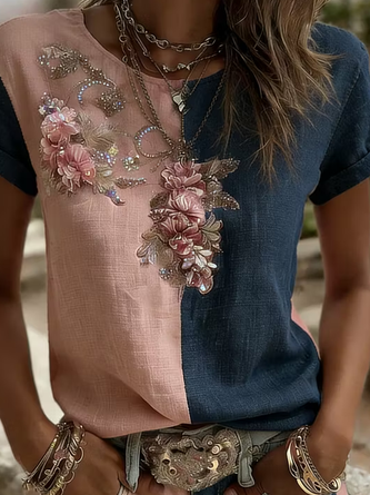 Casual Floral Crew Neck Short Sleeve T-shirt - Image 2