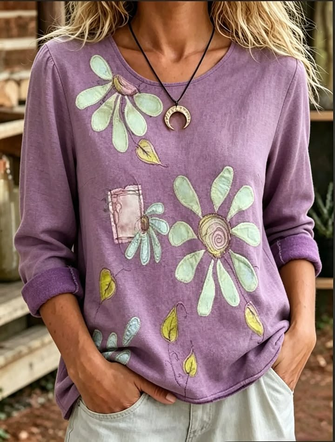 Casual Floral Crew Neck Long Sleeve T-shirt - Image 2