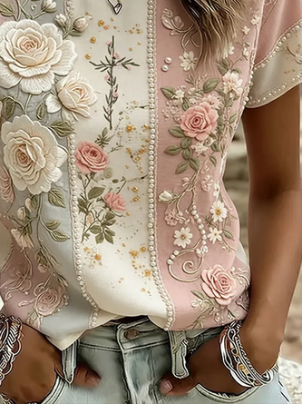Casual Floral Crew Neck Short Sleeve T-shirt - Image 3